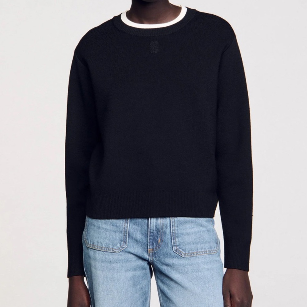 Sandro Nimbus wool-blend sweater in black with white trim long sleeve top size L